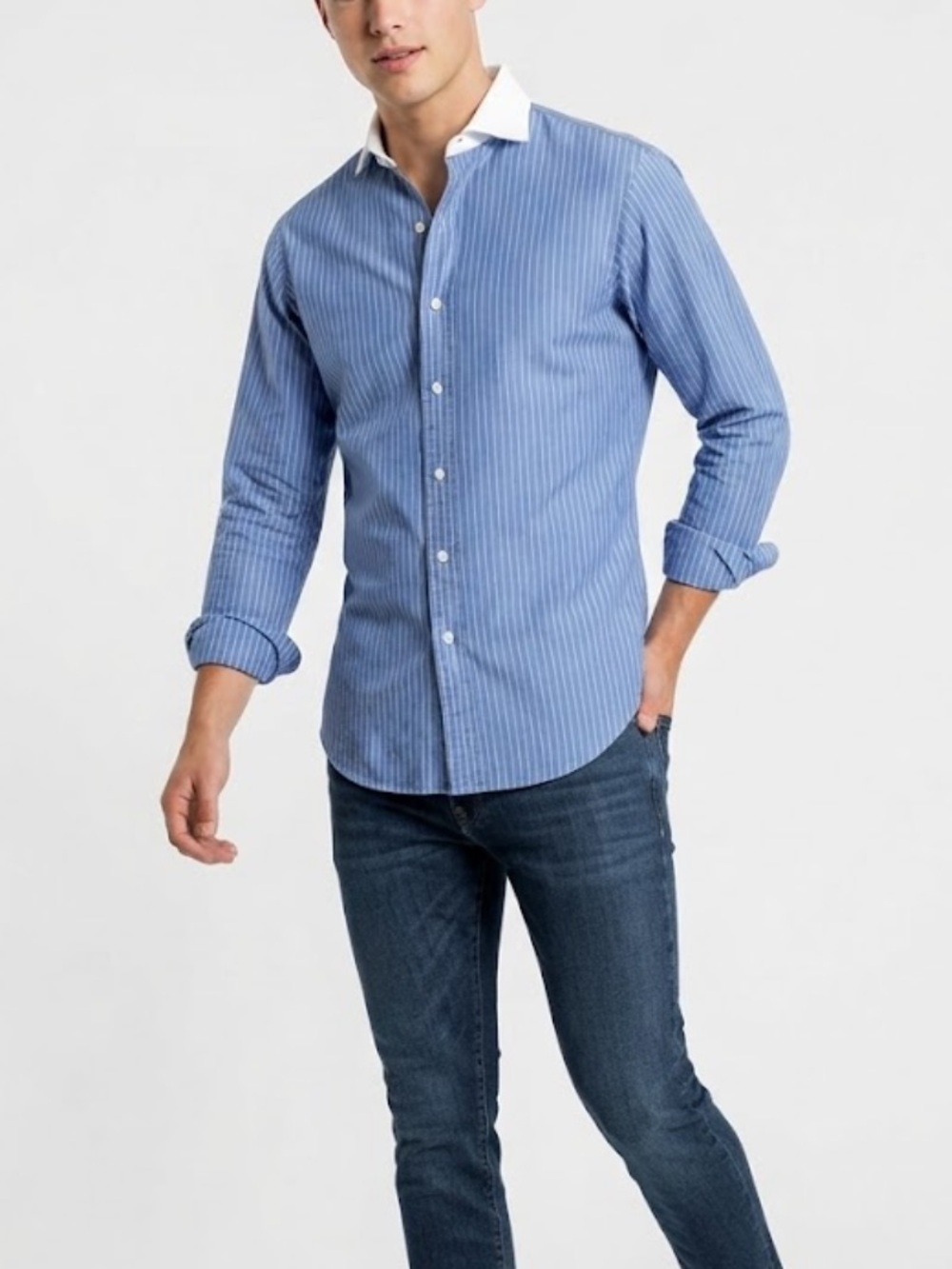 Ralph Lauren Men’s Blue Pinstripe Button-Down Shirt with White Contrast Collar